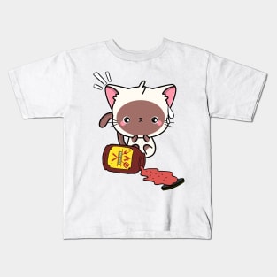 Funny White Cat Spills a jar of BBQ Sauce Kids T-Shirt